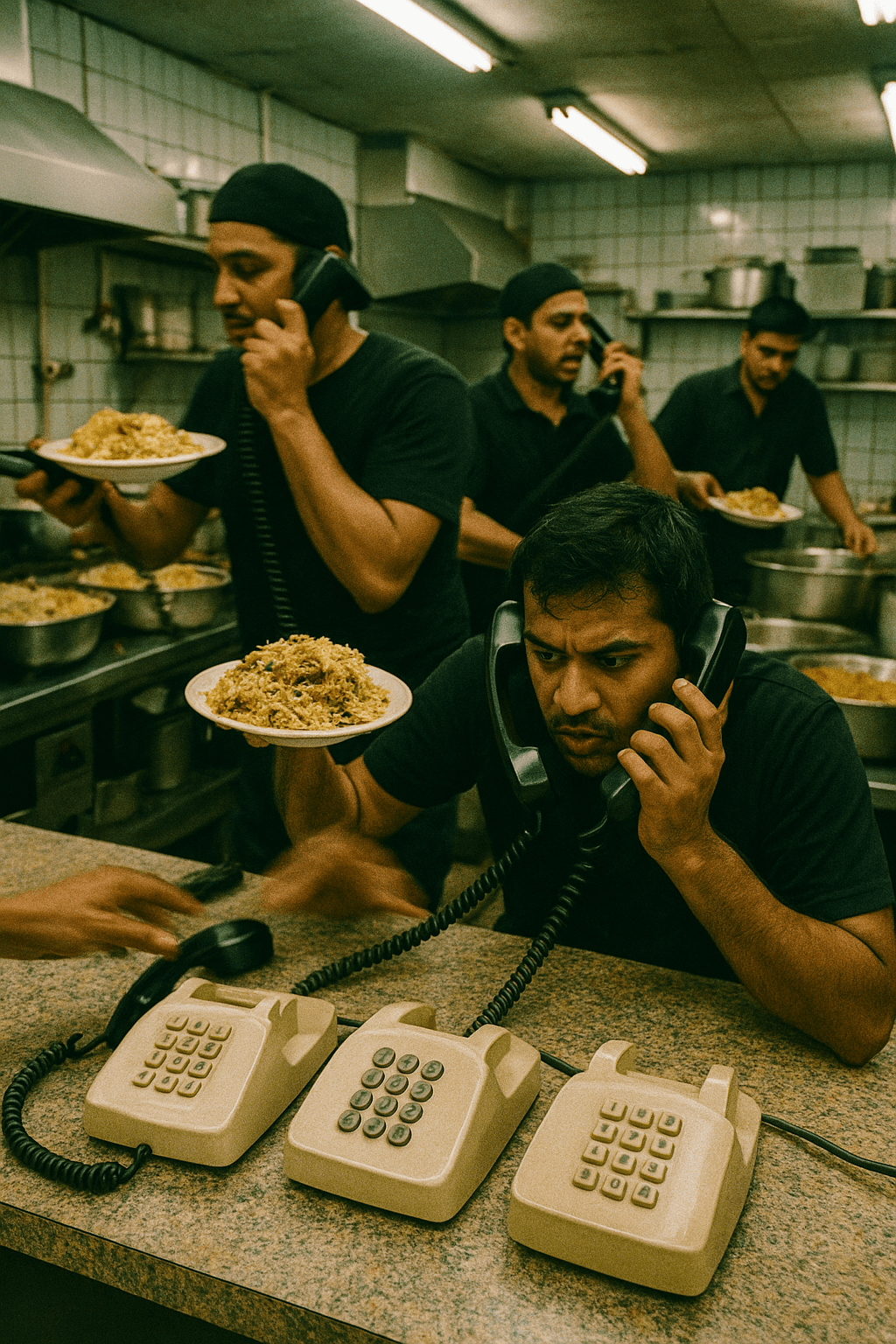 Busy Deccan Grill kitchen during dinner rush with staff preparing Hyderabadi Dum Biryani while phones ring constantly in background before AI phone ordering implementation
