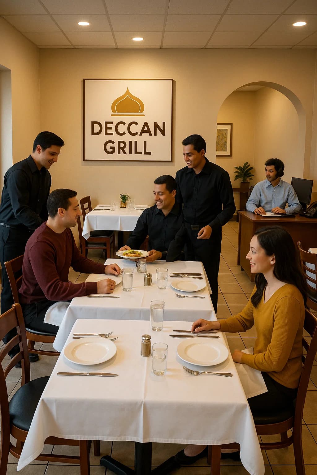 Peaceful Deccan Grill dining room with servers attentively serving customers while AI handles phone orders in background - no interruptions, better customer service